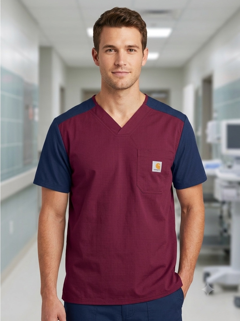 |NWT| CARHARTT Men’s Ripstop Scrub Top Burgundy Navy Colorblock V-Neck Medium